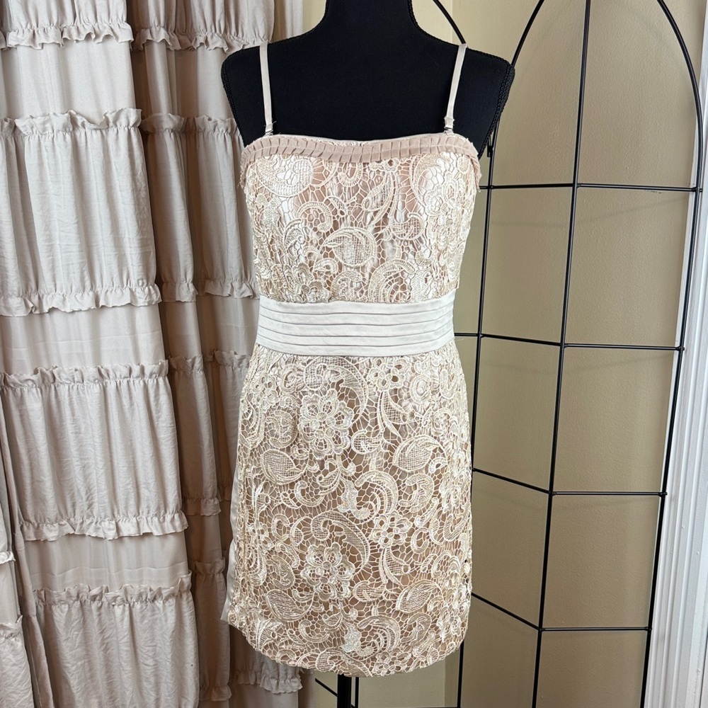 Lucy & Co Womens Party Dress Lace Overlay Mini Dress in Cream Size L NWT
